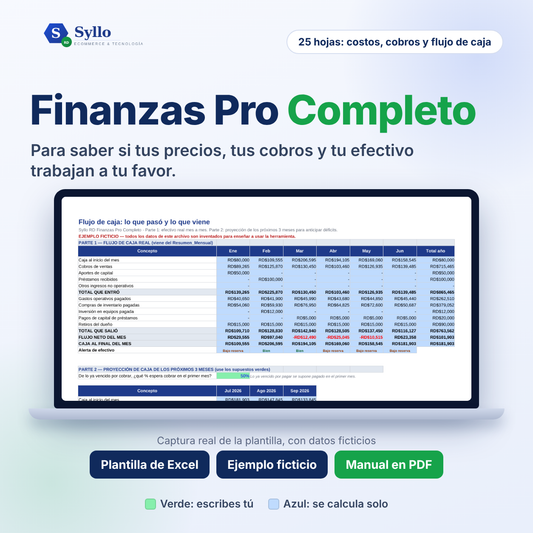 Syllo RD Finanzas Pro Completo: laptop mostrando la hoja de flujo de caja de la plantilla de Excel, con celdas verdes para escribir y azules que se calculan solas (datos ficticios); incluye plantilla, ejemplo y manual en PDF