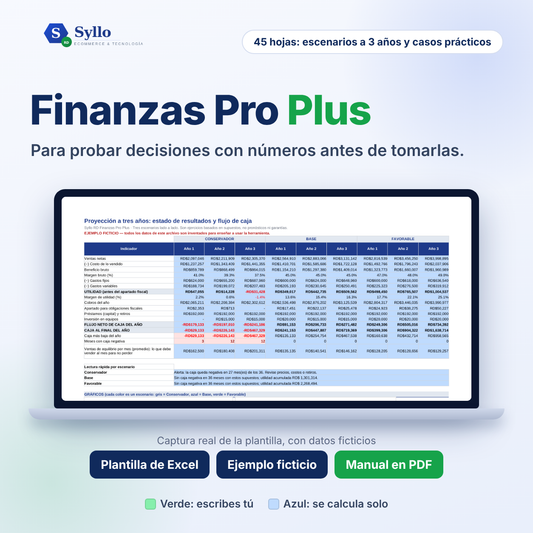 Syllo RD Finanzas Pro Plus: laptop mostrando la hoja de proyección a 3 años con escenarios de la plantilla de Excel, con celdas verdes para escribir y azules que se calculan solas (datos ficticios); incluye plantilla, ejemplo y manual en PDF